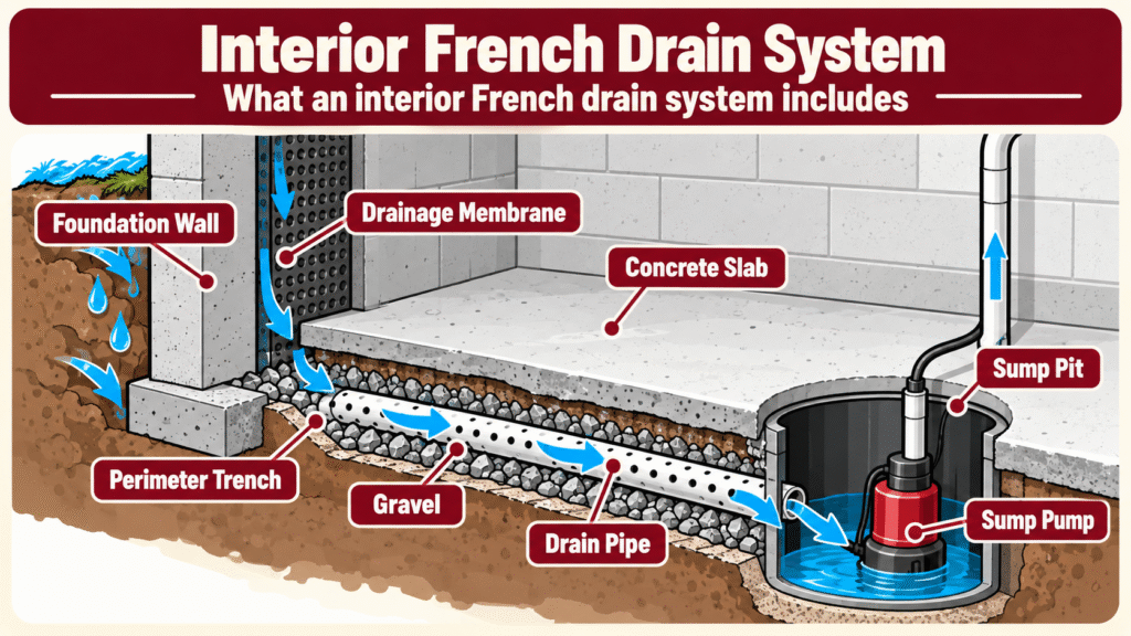 Diagram of an interior French drain and sump pump system used in NJ basement waterproofing