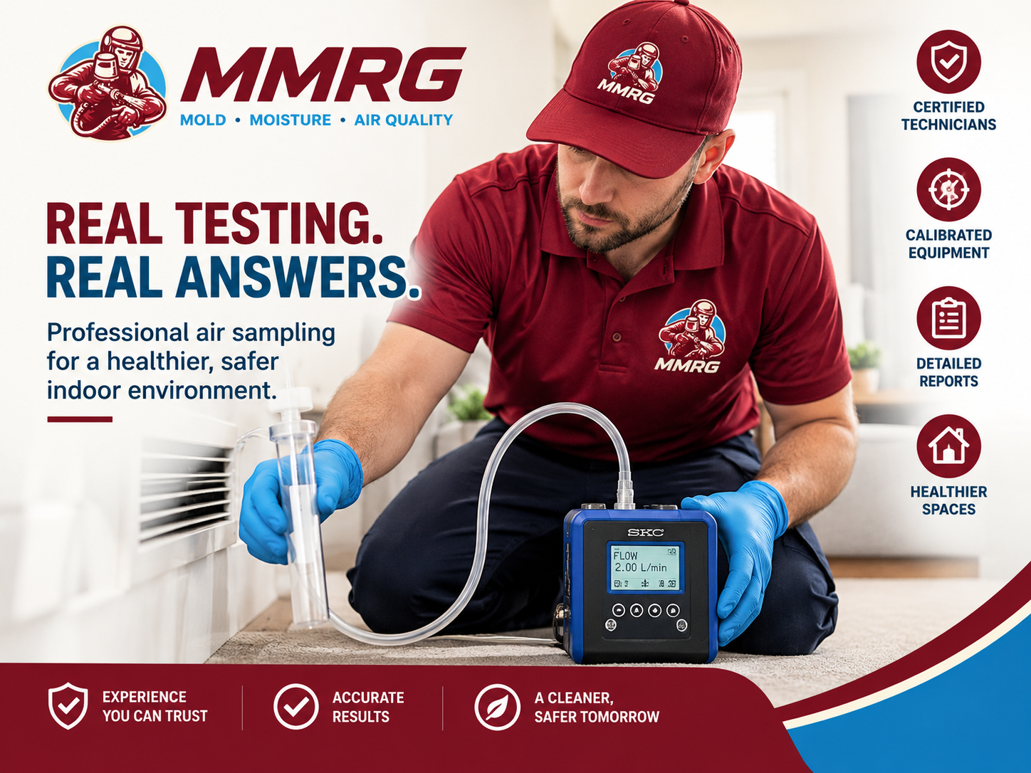 Technician collecting an air sample for mold testing in a New Jersey home
